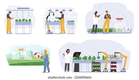 Set Smart Farming and Greenhouse Innovative Technologies Concept. Characters Use Internet of Things to Control Plants Cultivation with Robots and Drones. Cartoon People Vector Illustration