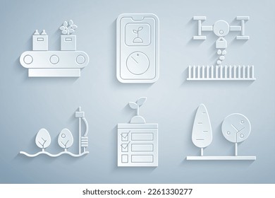 Set Smart farming technology, with drone, Standalone sensor and plant, Trees,  and Conveyor belt box icon. Vector