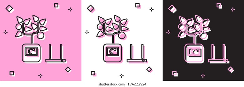 Set Smart farming technology - farm automation system in app icon isolated on pink and white, black background.  Vector Illustration