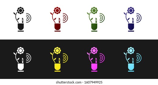 Set Smart farming technology - farm automation system in app icon isolated on black and white background.  Vector Illustration