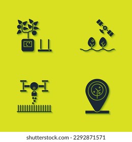 Establezca tecnología de cultivo inteligente, ubicación y árbol, con drones e iconos. Vector