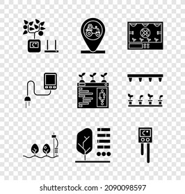Establezca tecnología de cultivo inteligente, Tractor y ubicación, planta de sensor independiente, estado de la planta, humedad de la temperatura, sensor e icono. Vector
