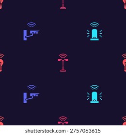 Set Smart flasher siren, security camera, street light and bulb on seamless pattern. Vector