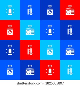 Set Smart flasher siren, thermometer, washer and radio icon. Vector.