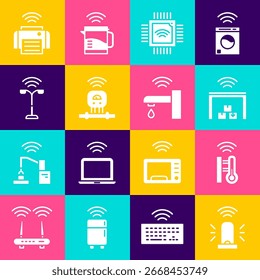 Definir sirene de flash inteligente, termômetro, armazém, processador com microcircuitos CPU, sensor, luz de rua, impressora e ícone de torneira de água. Vetor