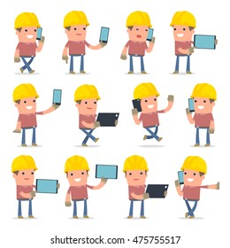 Conjunto de Criador de Personagem Inteligente e Engraçado segurando o telefone celular para usar em apresentações, etc.