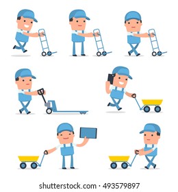 Set of Smart and Funny Character with cart, barrow, trolley for using in presentations, etc.