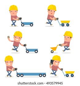 Set of Smart and Funny Character with cart, barrow, trolley for using in presentations, etc.