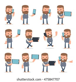 Set of Smart and Funny Character Copywriter holding mobile phone for using in presentations, etc.