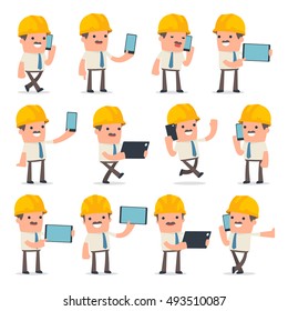 Set of Smart and Funny Character Foreman holding mobile phone for using in presentations, etc.