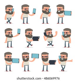 Set of Smart and Funny Character Hipster holding mobile phone for using in presentations, etc.