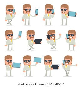 Set of Smart and Funny Character Impudent Reseller holding mobile phone for using in presentations, etc.