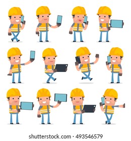 Set of Smart and Funny Character Incompetent Builder holding mobile phone for using in presentations, etc.