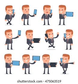 Set of Smart and Funny Character Rich man holding mobile phone for using in presentations, etc.