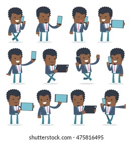Set of Smart and Funny Character Startup entrepreneur holding mobile phone for using in presentations, etc.