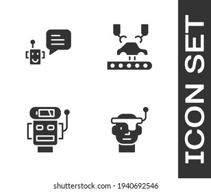 Set Smart glasses, Bot, Robot low battery charge and Robotic robot arm on factory icon. Vector