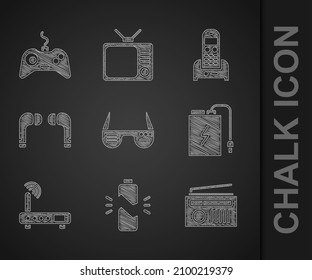 Set Smart glasses, Broken battery, Radio with antenna, Power bank charge cable, Router and wi-fi signal, Air headphones, Telephone and Gamepad icon. Vector