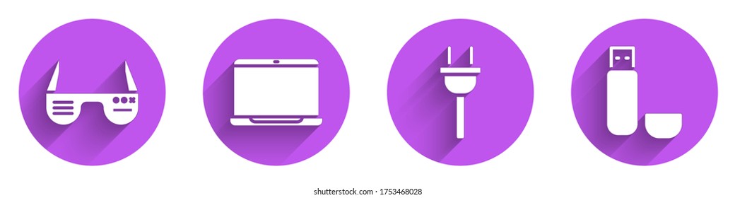 Ajuste gafas inteligentes, portátil, enchufe eléctrico e icono de unidad flash USB con sombra larga. Vector