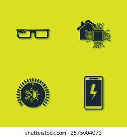 Set Smart glasses, Mobile charging battery, Thermostat and home icon. Vector