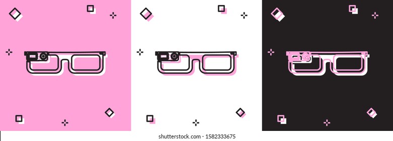 Set Smart glasses mounted on spectacles icon isolated on pink and white, black background. Wearable electronics smart glasses with camera and display.  Vector Illustration