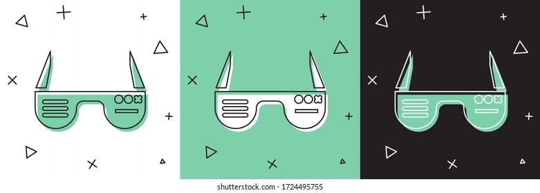 Set Smart glasses mounted on spectacles icon isolated on white and green, black background. Wearable electronics smart glasses with camera and display.  Vector Illustration