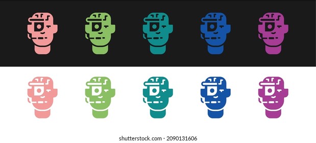 Set Smart glasses mounted on spectacles icon isolated on black and white background. Wearable electronics smart glasses with camera and display.  Vector