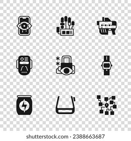 Set Smart glasses on spectacles, Wrist watch, Neural network, Cyber security, Futuristic weapon, Computer vision, Mechanical robot hand and Artificial intelligence icon. Vector
