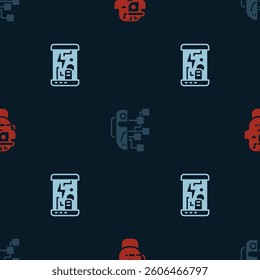 Set Smart glasses on spectacles, Humanoid robot and Cryogenic capsules on seamless pattern. Vector
