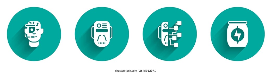 Set Smart glasses on spectacles, Artificial intelligence robot, Humanoid and Energy drink icon with long shadow. Vector
