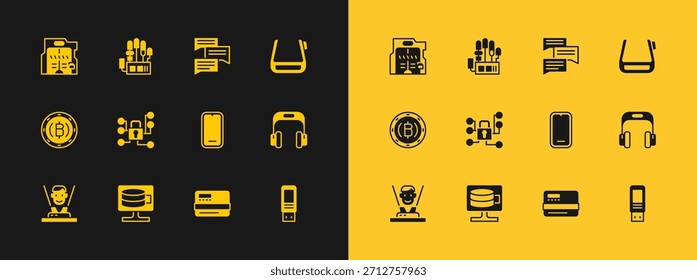 Definir óculos inteligentes em óculos, banco de dados Nuvem, Telefone celular, Cartão de crédito, Segurança cibernética, Bate-papo de balão de fala, Portas deslizantes futuristas e Ícone mecânico da mão robô. Vetor