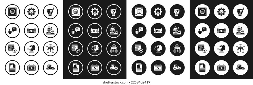 Establecer gafas inteligentes, planos robóticos, bot, procesador con CPU de microcircuitos, auto de conducción humanoide, rover de Mars e icono de interfaz de api para ordenador. Vector