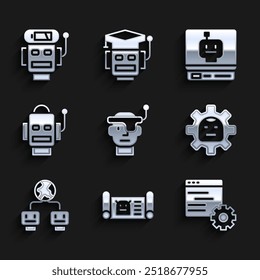 Set Smart glasses, Robot blueprint, Computer api interface, Artificial intelligence,  and low battery charge icon. Vector