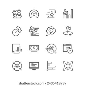 Set of smart goal setting related icons, specific, measurable, achievable, relevant, timed, personal goal setting, strategy system and linear variety vectors.