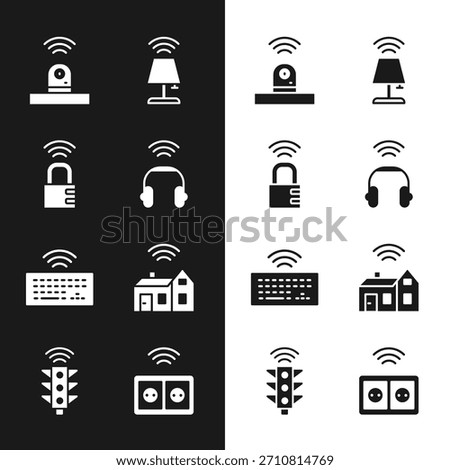 Set Smart headphones, safe combination lock, security camera, table lamp, Wireless keyboard, home with wireless, electrical outlet and traffic light icon. Vector