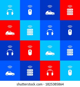 Set Smart headphones, Wireless mouse, car system with wireless and server icon. Vector.