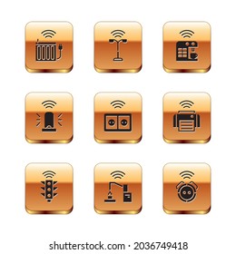 Set Smart heating radiator, traffic light, Robotic robot arm hand factory, electrical outlet, flasher siren, coffee machine, vacuum cleaner and street icon. Vector