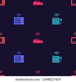 Set Smart heating radiator, Wireless tablet, car system with wireless and microwave oven on seamless pattern. Vector