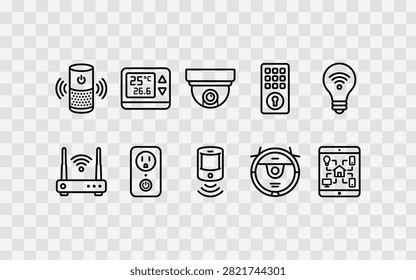 Set of smart home automation line icons, including voice assistant, thermostat, security camera, smart lock, light bulb, router, plug, motion sensor, robot vacuum and home control system