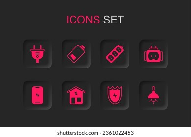 Set Smart home, Battery charge, Electric plug, Lightning and shield, Tee electric, Lamp hanging, extension and Mobile phone icon. Vector