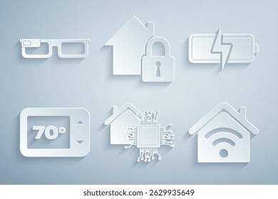 Defina casa inteligente, bateria, termostato, com wi-fi, casa sob proteção e óculos ícone. Vetor