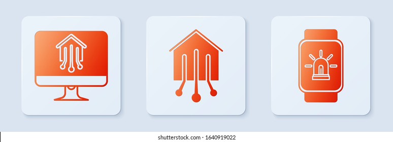 Set Smart home, Computer monitor with smart home and Smart watch with smart house and alarm. White square button. Vector
