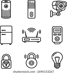 Conjunto de iconos de dispositivos domésticos inteligentes aislados sobre fondo blanco para sistema de automatización