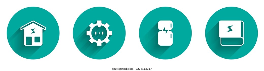 Set Smart home, Electrical outlet, Refrigerator and Book about electricity icon with long shadow. Vector