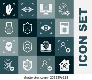 Set Smart home with face id, Rejection recognition, Fingerprint lock, Face, Shield, Palm and Eye scan icon. Vector