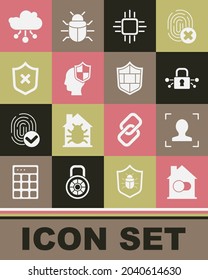 Set Smart home, Face recognition, Cyber security, Processor with microcircuits CPU, Head shield, Shield cross mark, Internet of things and brick wall icon. Vector