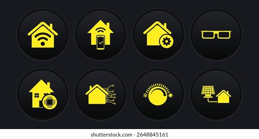 Set Smart home, Glasses, Thermostat, settings, remote control system, House with solar panel and wi-fi icon. Vector