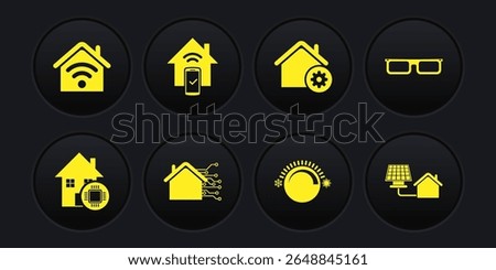 Set Smart home, Glasses, Thermostat, settings, remote control system, House with solar panel and wi-fi icon. Vector