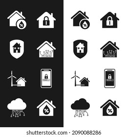 Establezca Smart home, House bajo protección, humedad, con turbina eólica, Mobile y contraseña, e Internet de las cosas icono. Vector