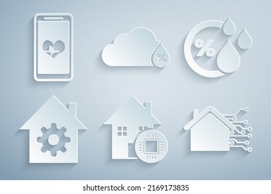 Set Smart home, Humidity, settings,  and Mobile with heart rate icon. Vector