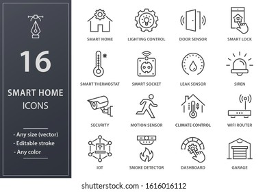 Set of smart home icons, such as climate control, security, iot, camera and more. Editable stroke.